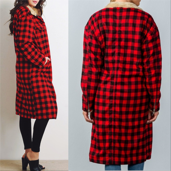 Red Plaid Print Fur Lined.Coat - Picture 4 of 4
